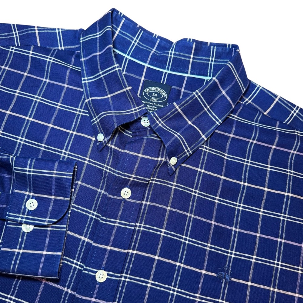 Brooks Brothers 1818 Non-Iron Supima Cotton Blue Windowpane Check Shirt Mens 2XL